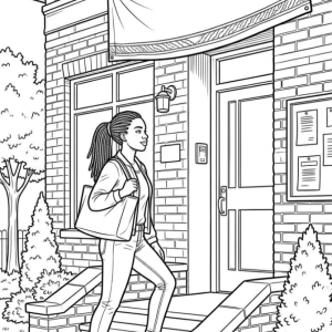Woman walking into a voting building, coloring page