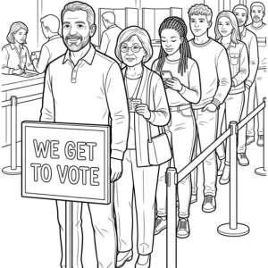 Group of voters standing in line at a polling place, coloring page