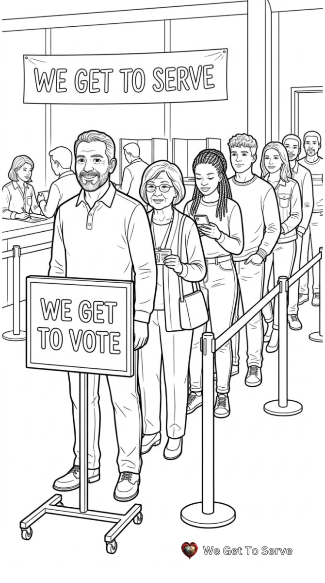 Group of voters standing in line at a polling place, coloring page