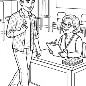Man speaking with a polling agent at the check-in table, coloring page