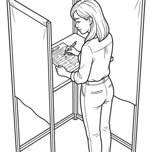Woman standing inside a polling booth, coloring page