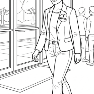 oter wearing an I Voted sticker leaving the voting building, coloring page