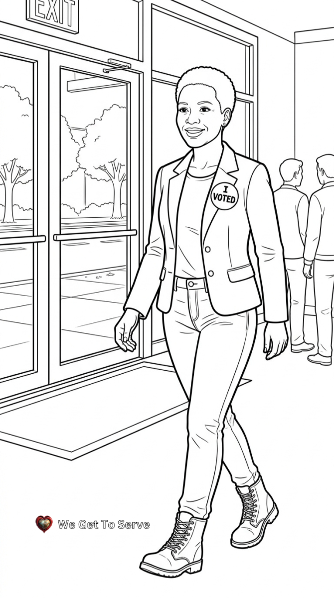 oter wearing an I Voted sticker leaving the voting building, coloring page